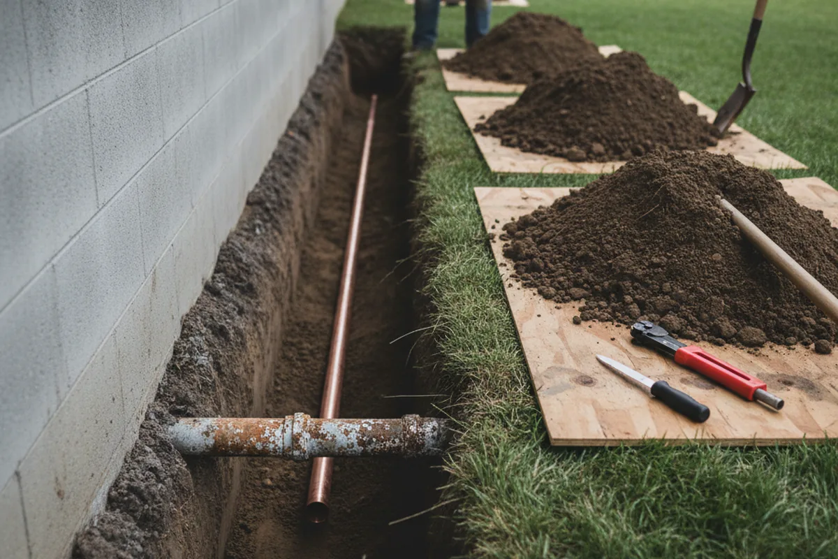 Excavated water line trench during Sewer Line Repair in Cumberland Furnace